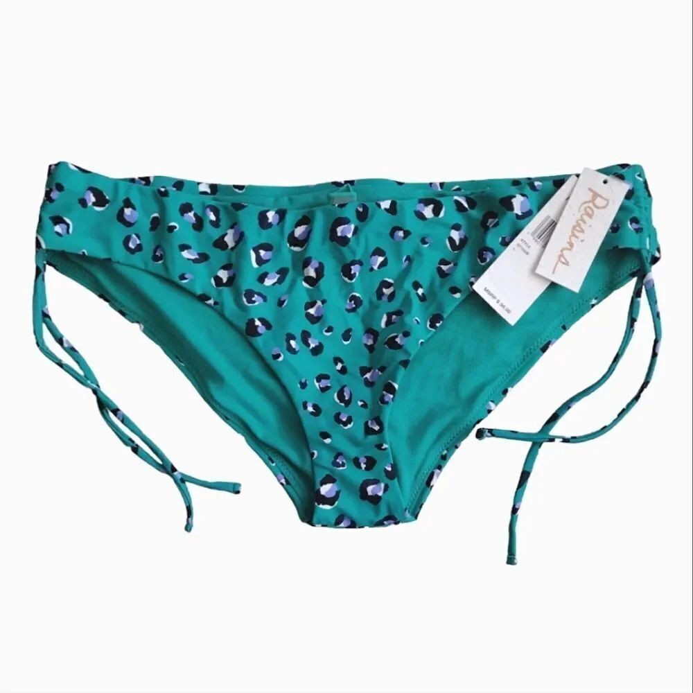 Raisins Green Blue Leopard Side Ties Hipster Bikini Swim Bottoms Large NWT